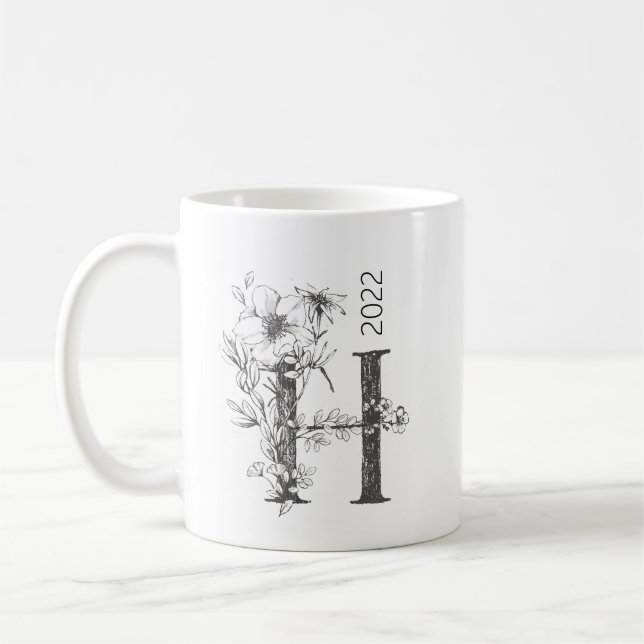 Taza De Café Monograma Botánico Floral | Texto Personalizado El (Izquierda)