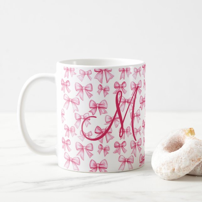 Taza De Café Monograma Bow Rosa Coquette Estética Preppy Trendy (Con donut)
