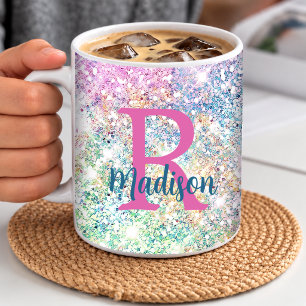 Taza De Café Monograma brillante falso rosa unicornio iridiscen