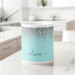 Taza De Café Monograma brillo azul agua plateado femenino