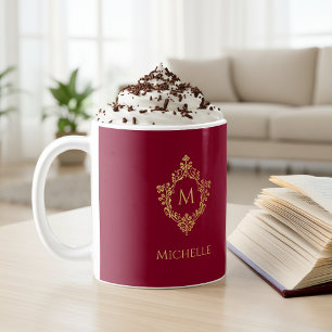 Taza De Café Monograma Burgundy Gold Antiguo Escudo Nombre 