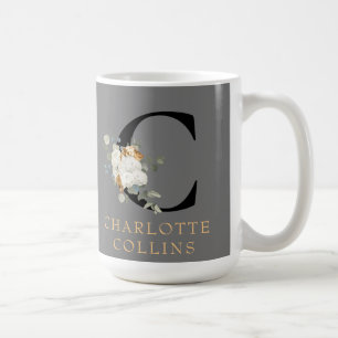 Taza De Café Monograma C de Acentos de Oro Floral Blanco Victor
