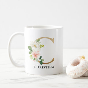 Taza De Café Monograma C de floral rosa y oro de Rubor