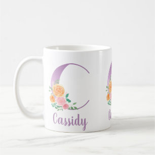 Taza De Café Monograma C Floral Aquarela Personalizada Morado