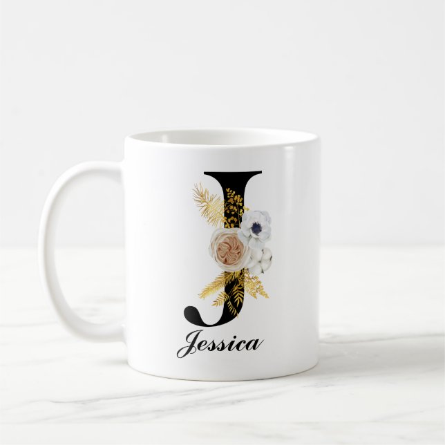 Taza De Café Monograma café Mug - J Floral negra inicial (Izquierda)