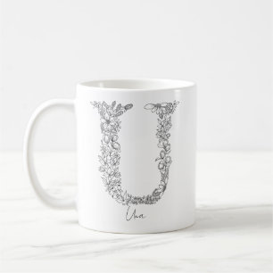 Taza De Café Monograma Carta blanca floral bruta en blanco en U