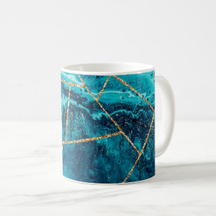 Taza De Café Monograma Chic Geoda de Ágata Dorada Azul Marítimo