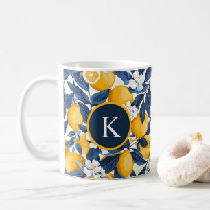 Taza De Café Monograma cítrico de limón amarillo azul