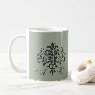 Taza De Café Monograma clásico Damask en gris elegante y negro