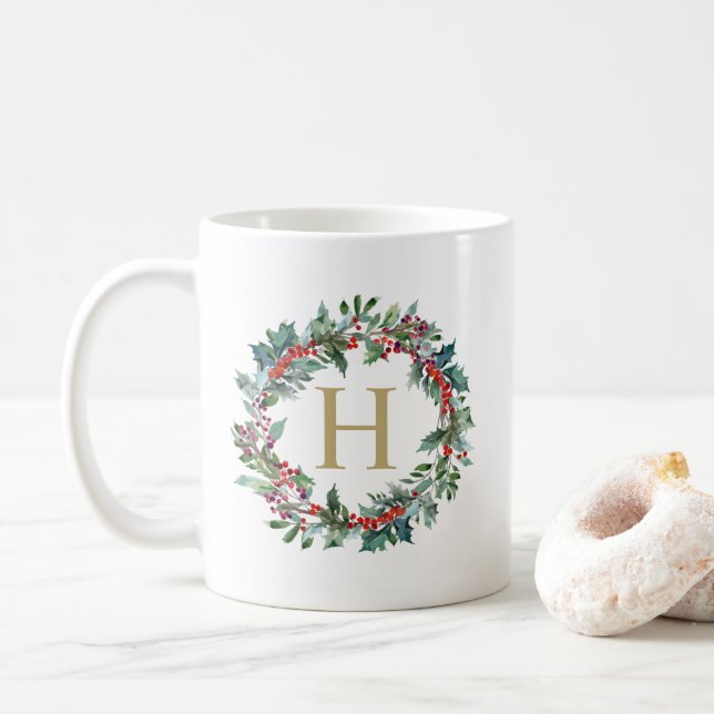 Taza De Café Monograma clásico del día de fiesta de la (Con donut)
