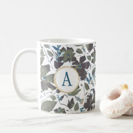 Taza De Café Monograma Clematis Vine Elegante Floral Azul Verde