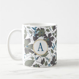 Taza De Café Monograma Clematis Vine Elegante Floral Azul Verde