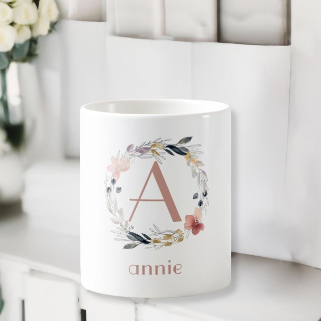 Taza De Café Monograma Coffee floral específico del cliente Mug (Monogram, Name, Customer specific, Floral Coffee Mug.)