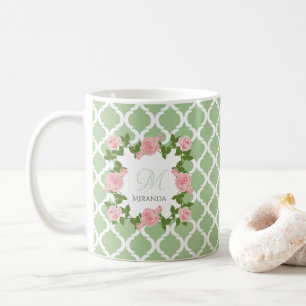 Taza De Café Monograma color de rosa rosado de Quatrefoil del