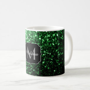 Taza De Café Monograma con destellos de brillo verde oscuro fal