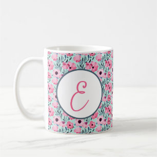 Taza De Café Monograma con patrón floral en rosa y verde acuare