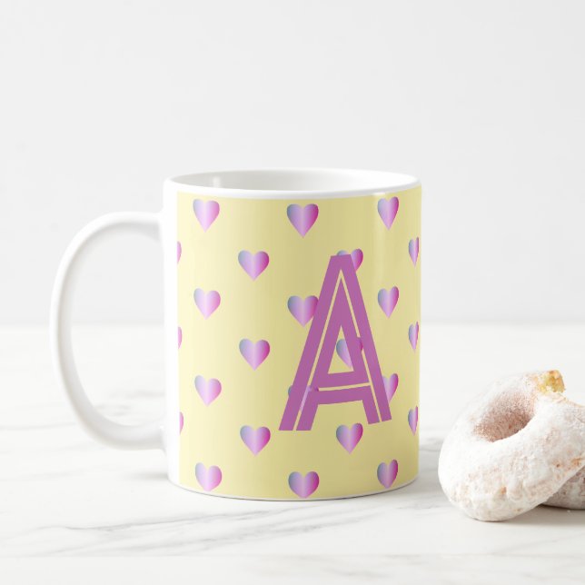 Taza De Café Monograma Corazones Lilac Amarillo (Con donut)