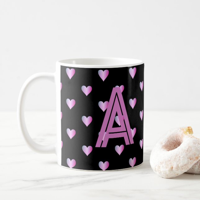 Taza De Café Monograma Corazones Púrpura Negro (Con donut)
