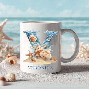 Taza De Café Monograma Costero Personalizado Inicial V Playa