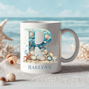 Taza De Café Monograma Costero Personalizado Letra Inicial R Pl