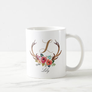 Taza De Café Monograma, cuerno de ciervo floral personalizado-3