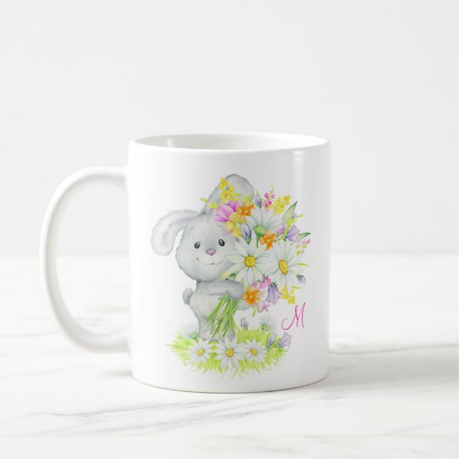 Taza De Café Monograma Cute acuarela Floral Conejo de conejo (Izquierda)
