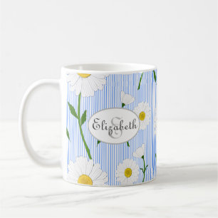 Taza De Café Monograma Daisies de verano Patrón Rayo Azul clar