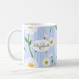 Taza De Café Monograma Daisies de verano Patrón Rayo Azul claro