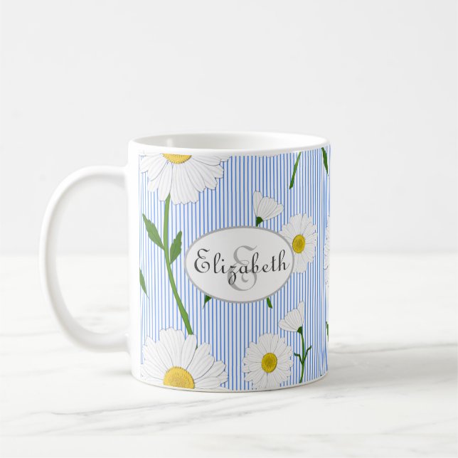 Taza De Café Monograma Daisies de verano Patrón Rayo Azul claro (Izquierda)
