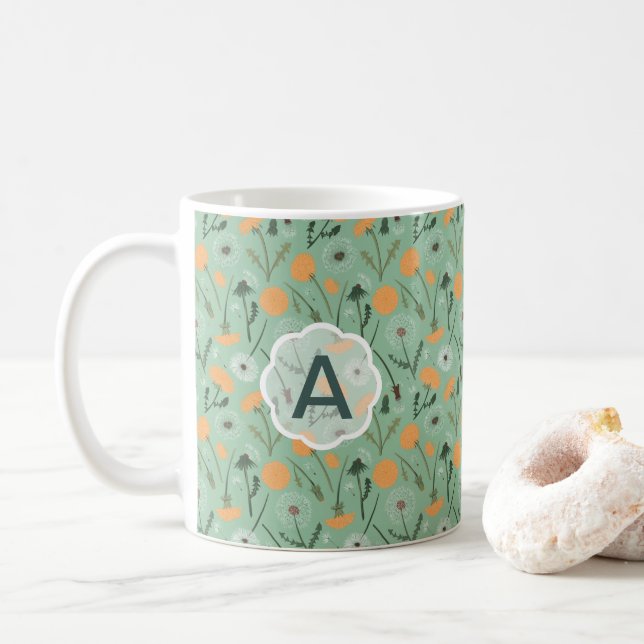 Taza De Café Monograma Dandelion Flowers Naranja Floral (Con donut)