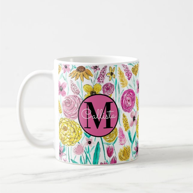 Taza De Café Monograma de acuarela de las flores amarillas rosa (Izquierda)