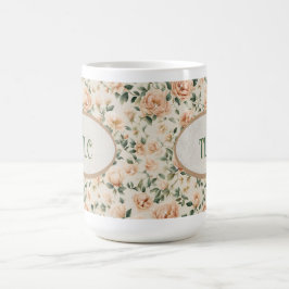 Taza De Café Monograma de Acuarela de Peonía Melocotón y Brillo