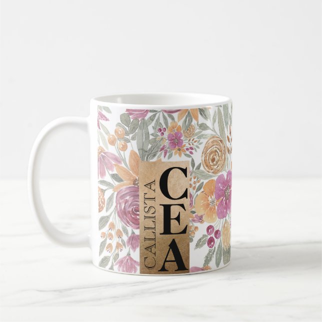 Taza De Café Monograma de acuarela dorada rosada floral (Izquierda)