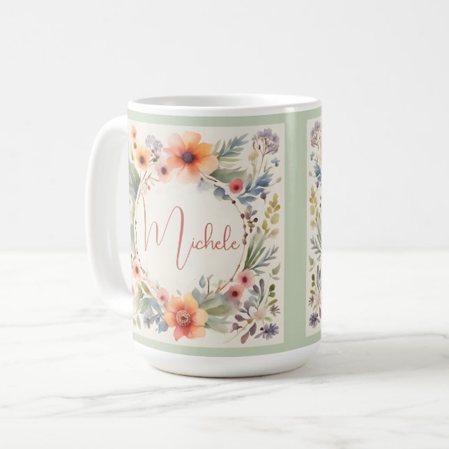 Taza De Café Monograma de acuarela floral de bonito (Anverso izquierdo)