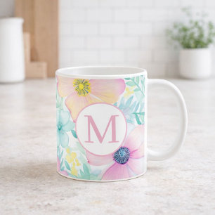Taza De Café Monograma de Acuarela Floral de Primavera Suave