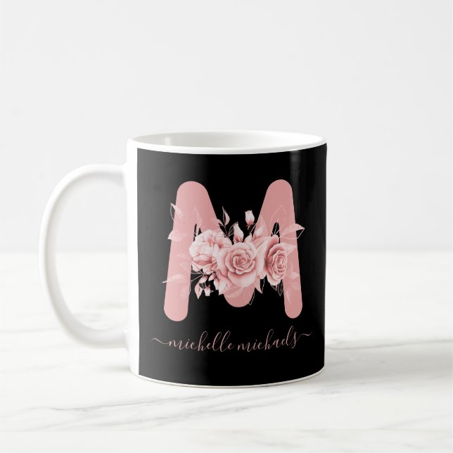 Taza De Café Monograma de acuarela floral dorada Rosa (Izquierda)