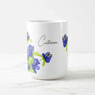 Taza De Café Monograma de Acuarela Floral Iris Índigo