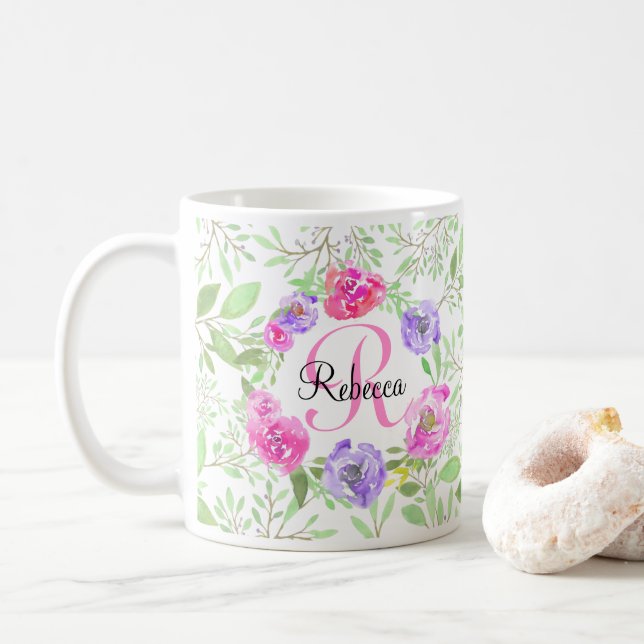 Taza De Café Monograma de acuarela floral peónica (Con donut)