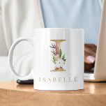 Taza De Café Monograma de acuarela Floral y carta de oro I<br><div class="desc">Un tazón de café personalizado con una letra falsa de oro "I" monograma,  con ilustraciones decorativos de acuarela floral y follaje. Personalizar fácilmente con tu nombre o crea un regalo único para tus seres queridos.</div>