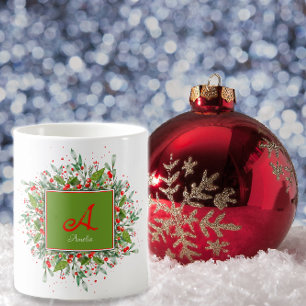 Taza De Café Monograma de acuarela Navidades rojos Café Mug