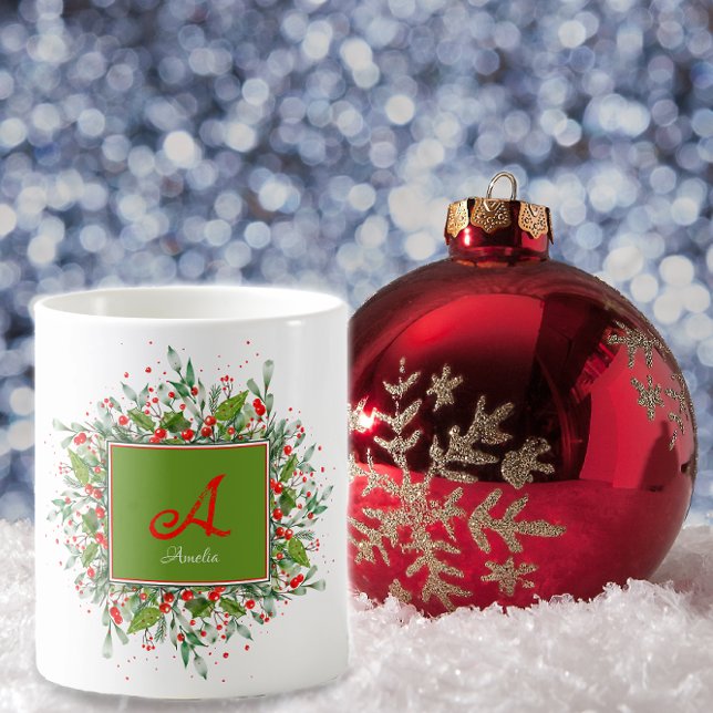 Taza De Café Monograma de acuarela Navidades rojos Café Mug (Subido por el creador)