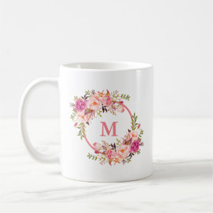 Taza De Café Monograma de acuarela rosada floral