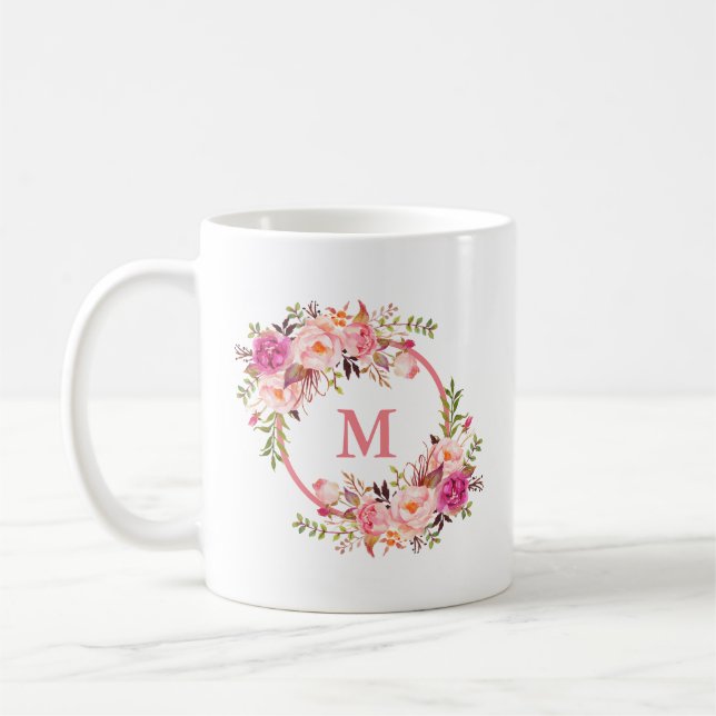 Taza De Café Monograma de acuarela rosada floral (Izquierda)