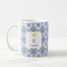 Taza De Café Monograma de Baldosa Azul de Limón Italiano Medite