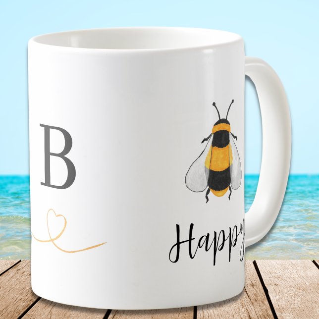Taza De Café Monograma de Bee Happy (Subido por el creador)