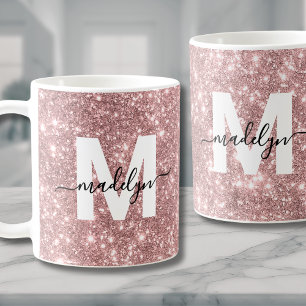 Taza De Café Monograma de Brillo de Destellos de Oro Rosa