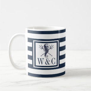 Taza De Café Monograma de Caballito de Mar Rayas Azules Náutico