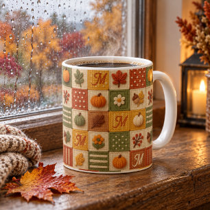 Taza De Café Monograma de calabaza de patchwork de otoño rústic
