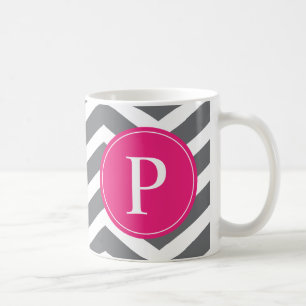 Taza De Café Monograma de Chevron Gris Rosa