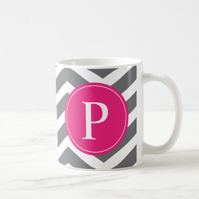 Taza De Café Monograma de Chevron Gris Rosa (Derecha)
